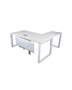 White L-shaped office desk with metal legs cable management cutout and perforated modesty panel.