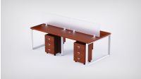 Mahmayi 4 Seater Loop Shared Structure in Apple Cherry color with Polycarbonate Divider, with Drawer & without Mesh Chair  - W140cm x D60cm Each Worktop Size