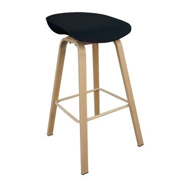 Eames style black ABS seat bar stool with natural wood Eiffel tower legs and square footrest angled view
