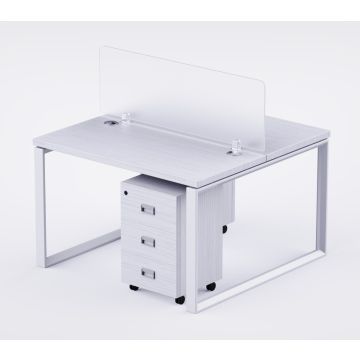 Mahmayi 2 seater Loop workstation white melamine worktop polycarbonate divider three drawer mobile pedestal close-up front angle