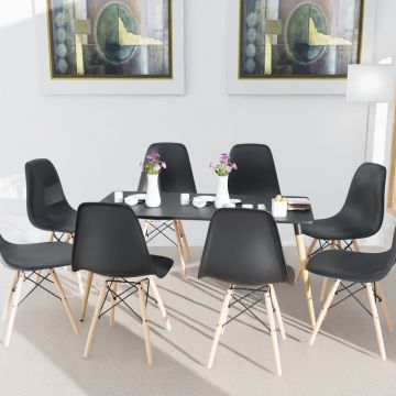 Cenare 9-piece black dining set with rectangular table and eight DSW-style plastic chairs with natural wood legs in a modern dining room