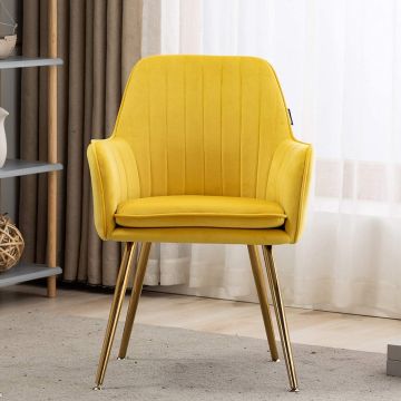 Mahmayi HYDC031G yellow velvet dining armchair with gold metal legs in living room setting