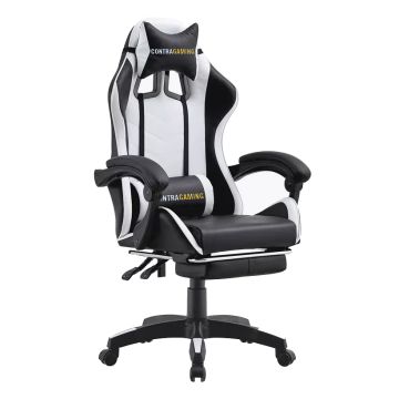ContraGaming HYG-02 black and white PU leatherette gaming chair with retractable footrest and lumbar cushion on white background