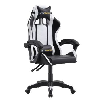 ContraGaming TJ HYG-01 black and white PU leatherette gaming chair with headrest pillow and lumbar cushion on white background