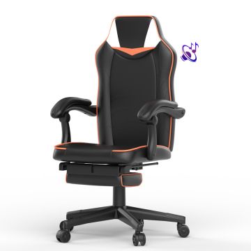 Mahmayi UT-C459 black and orange PU gaming chair with retractable footrest and looped padded armrests front view