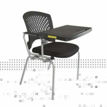 Mars 8712NSF black student chair with attached writing tablet and silver metal legs angled front view