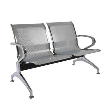Cosmos JX 2 Seater Metal Bench in silver chrome finish with perforated backrests and armrests angled front view