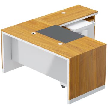 Zelda M225-16 executive desk in walnut and white finish with L-shaped layout cable management holes and mobile pedestal