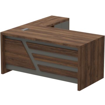 Noce 1825 160cm L-shaped executive desk in dark walnut with grey contrast modesty panel isolated view