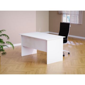 Mahmayi MP1 white writing desk with panel legs styled in a modern office setting with herringbone wood floor and black task chair