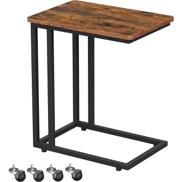 C shaped end table with rustic brown top and black metal frame with loose casters
