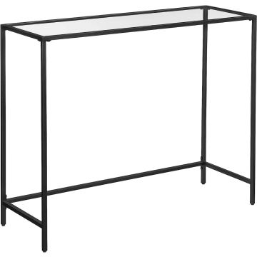 Black metal console table with clear glass top