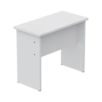 Mahmayi white study table with panel legs and flat desktop viewed from front-left angle
