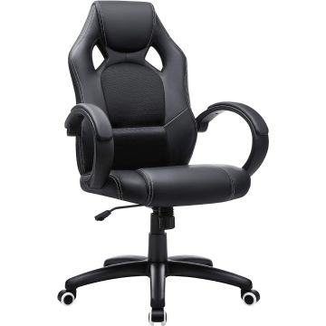 Black gaming office chair with mesh back and curved armrests