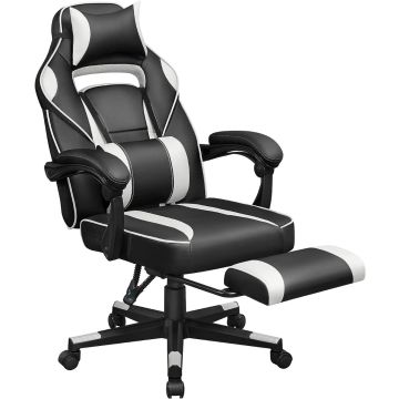 Black and white gaming chair with footrest extended