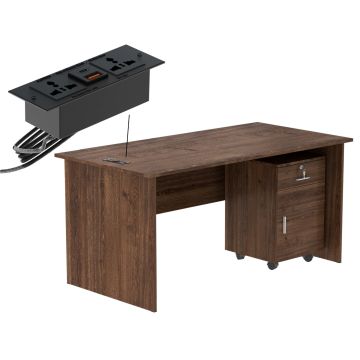 Mahmayi MP1 brown woodgrain writing desk with mobile pedestal and BS01 black recessed desktop power socket