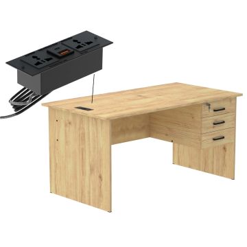 Mahmayi MP1 oak writing table with three-drawer hanging pedestal and black BS01 desktop socket callout