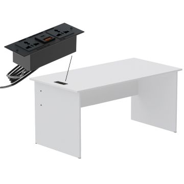 Mahmayi MP1 white writing desk with panel legs and exploded view of black BS01 recessed desktop socket with USB ports