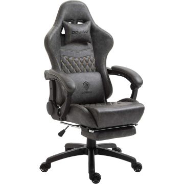 Grey gaming chair with headrest lumbar cushion and footrest on five star base