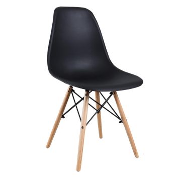 Black Eames style DSW dining chair with matte plastic shell and natural wood Eiffel legs front angle view