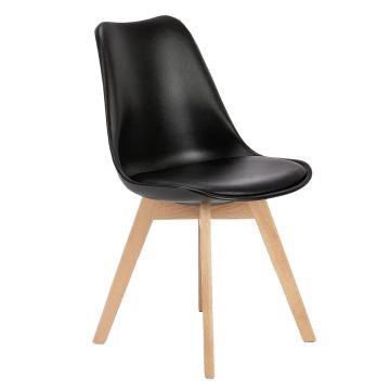 Black Eames style cushion chair with molded ABS shell and natural beech wood legs on white background