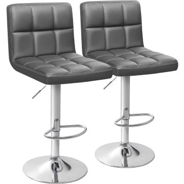 Mahmayi set of 2 grey PU leather adjustable swivel bar stools with chrome pedestal base and footrest on white background