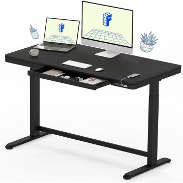Black height-adjustable standing desk with built-in drawer and USB ports  featuring a computer monitor  laptop  and office accessories.