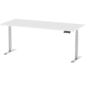 White electric standing desk with dual motor T legs and control keypad