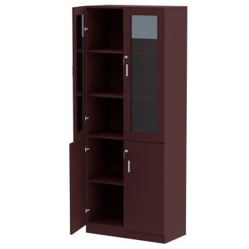 Argent 1123 full height bookshelf in cherry finish with glass doors open revealing interior shelves and lower wooden door cabinet