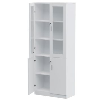 Carre 1123 white full height bookshelf with glass doors open showing interior shelves and solid lower cabinet doors open