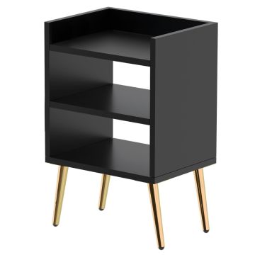 Black nightstand with three open shelves and gold legs