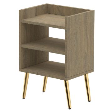 Grey oak nightstand with three open shelves and gold legs