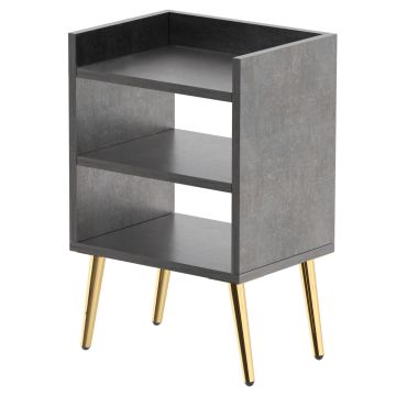 Anthracite grey nightstand with three open shelves and gold legs