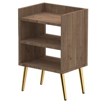 Truffle oak nightstand with three open shelves and gold tapered legs