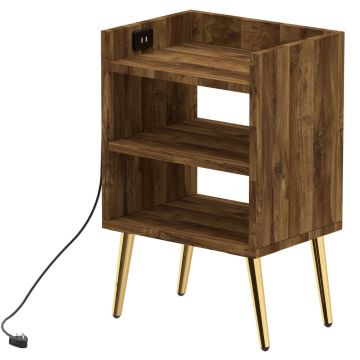 Dark oak nightstand with three open shelves USB charging port and gold legs