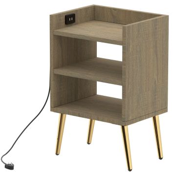 Grey oak nightstand with three open shelves built in USB port and gold tapered legs