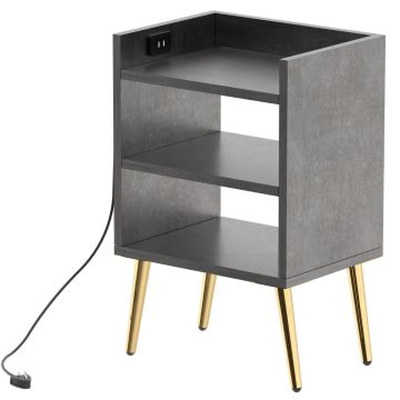 Anthracite nightstand with USB port gold legs and three open shelves