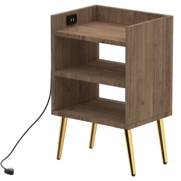 brown oak nightstand with USB port and three open shelves on gold legs