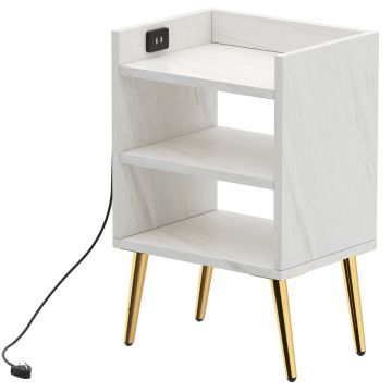 White marble effect nightstand with three open shelves USB charging port and gold legs