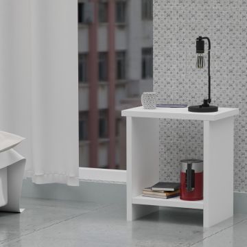 Mahmayi white nightstand with open lower shelf styled with lamp and mug beside a window