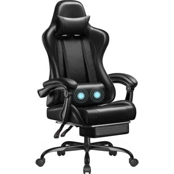 Mahmayi black racing style gaming chair with massage lumbar support headrest pillow retractable footrest and five-star castor base
