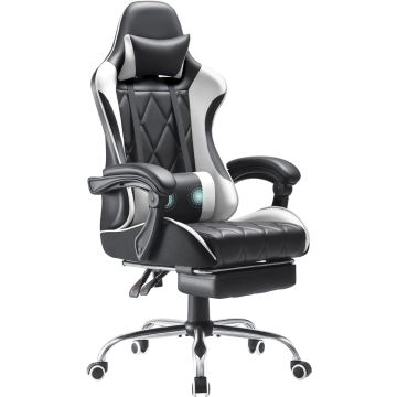 Mahmayi black and white racing style gaming chair with footrest massage lumbar pillow headrest and chrome star base
