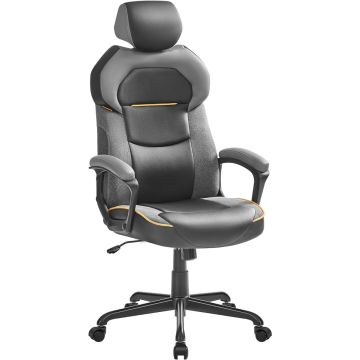 black and grey gaming office chair with adjustable headrest and padded armrests