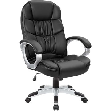 Mahmayi black PU leather high back executive office chair with silver padded armrests and five-star castor base