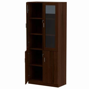 Argent 1123 dark walnut full height bookshelf with doors open showing interior shelves and glass panel