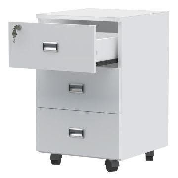 Stazion 3 drawer mobile storage unit in premium white with top drawer open showing lock and metal slide rails
