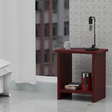 Mahmayi Apple Cherry nightstand with open lower shelf styled with lamp and mug in a modern room setting