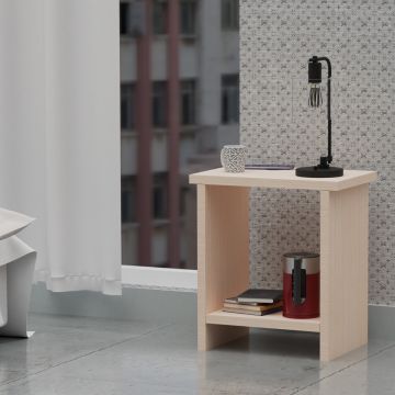 Mahmayi oak nightstand with open lower shelf styled with lamp and mug near window