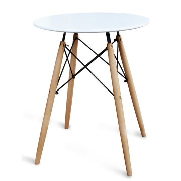 Mahmayi white round pantry table with beech wood quad legs and black metal crossbar frame on white background
