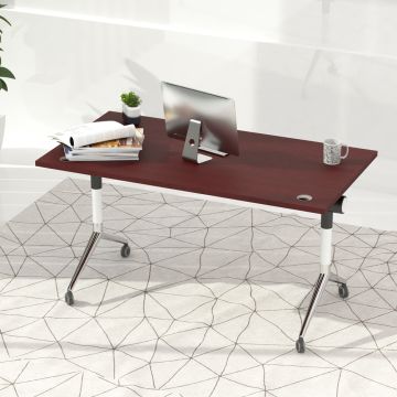 Cherry top foldable desk on casters in a modern room